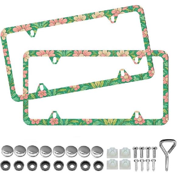 Elegant Faux Floral License Plate Frame - Unobstructed Narrow-Edge 2 Packs Universal Stainless Steel Car License Plate Frames Holder Solid Holder