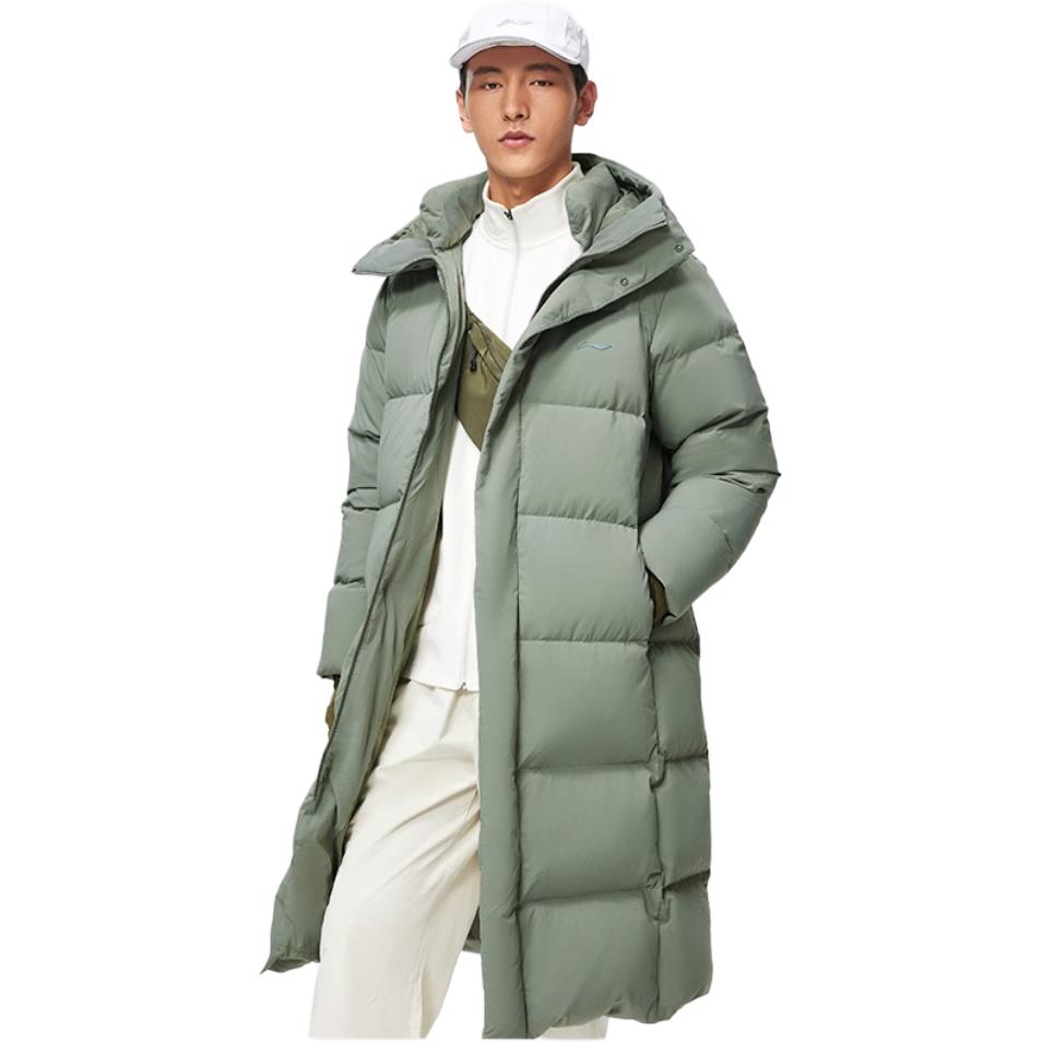 Li Ning Long Hooded Down Jacket With Large Logo Print On The Back Men Outerwear Gray-Green AYMT107-3