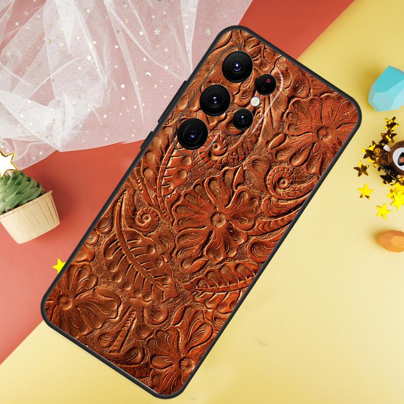 Brown Hand Tooled Western Phone Case For Samsung Galaxy S25 Ultra S23 S21 S20 S22 S24 FE S9 S10 Plus Cover Coque