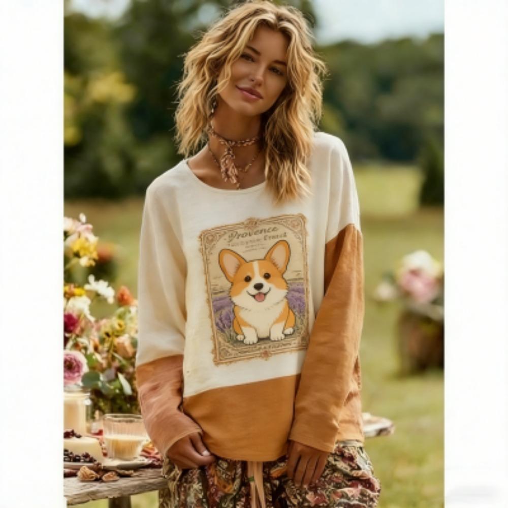Frühling Europa Amerika Tier Katze und Hund Druck Damen T-Shirts Tops Mode Straße Damen Langarm Kleidung Outdoor Freizeit T-Shirt Pullover