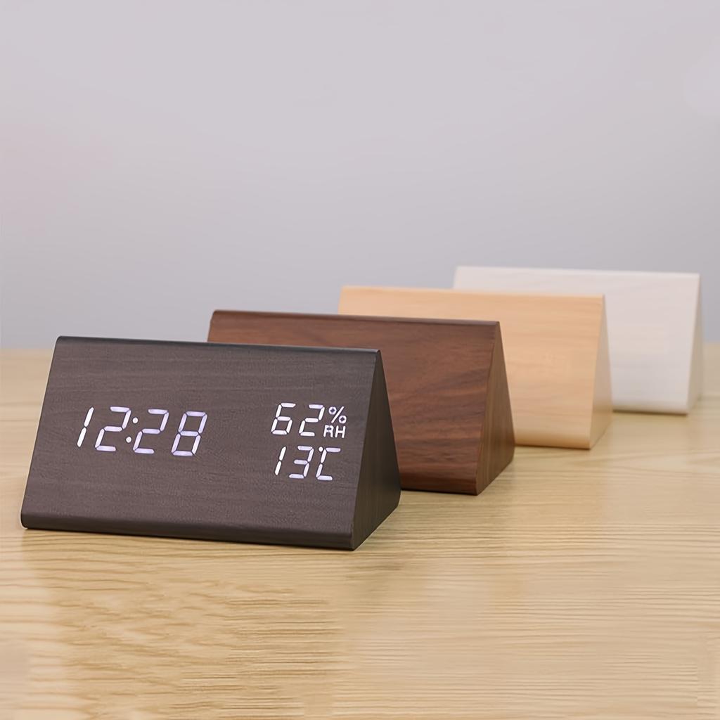 1PC Wood Grain Triangle Alarm Clock LED Bedside Alarm Clock, with Temperature and Humidity Display, Adjustable Brightness
