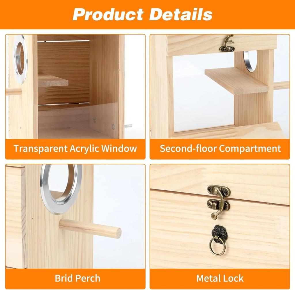 Transparent Bird Boxes, Wood Parakeet Nesting Box For Cage, Bird Breeding Box With Bird Cage House For Parakeet Lovebirds Budgie