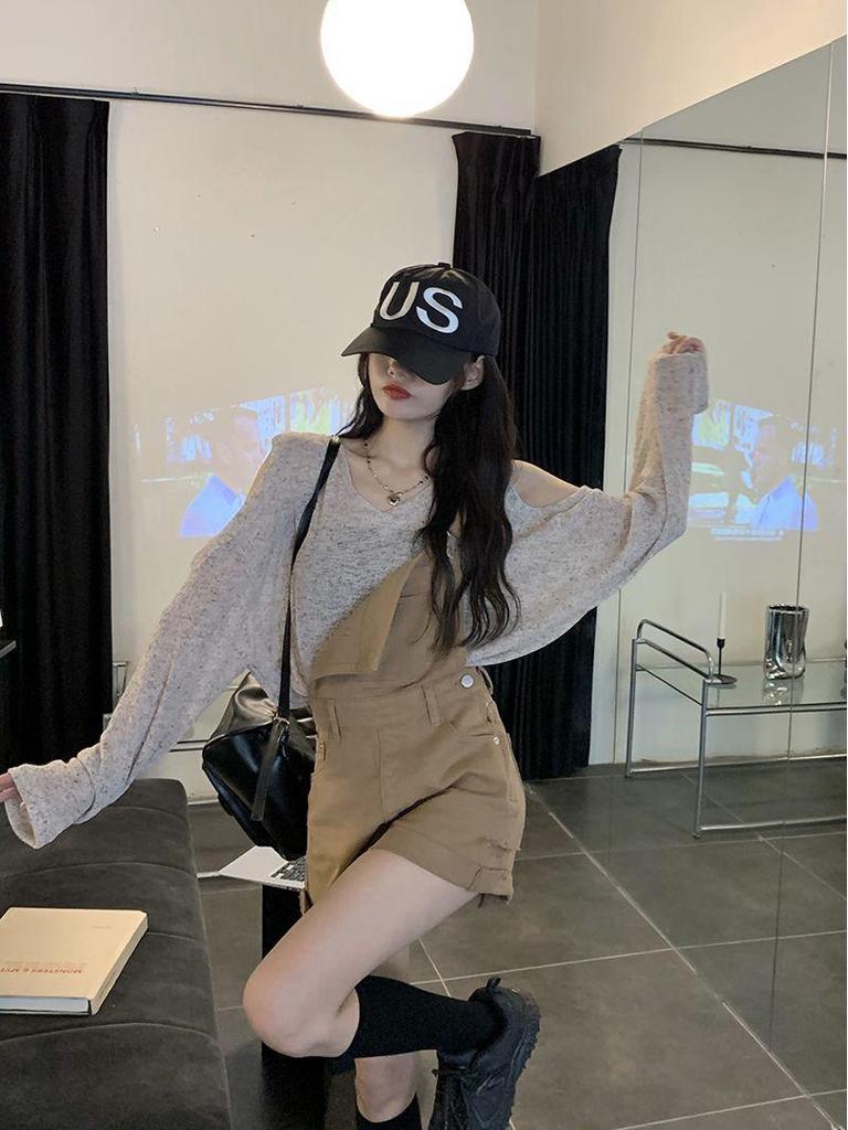 Off-Shoulder Sun Protection Shirt & Versatile Denim Overall Shorts for Women