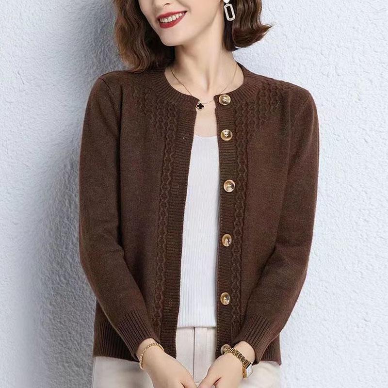 2023 New Autumn Fashion Solid Color Simple Round Neck Panel Button Knitted Cardigan Temperament Commuter Women's Loose Sweater