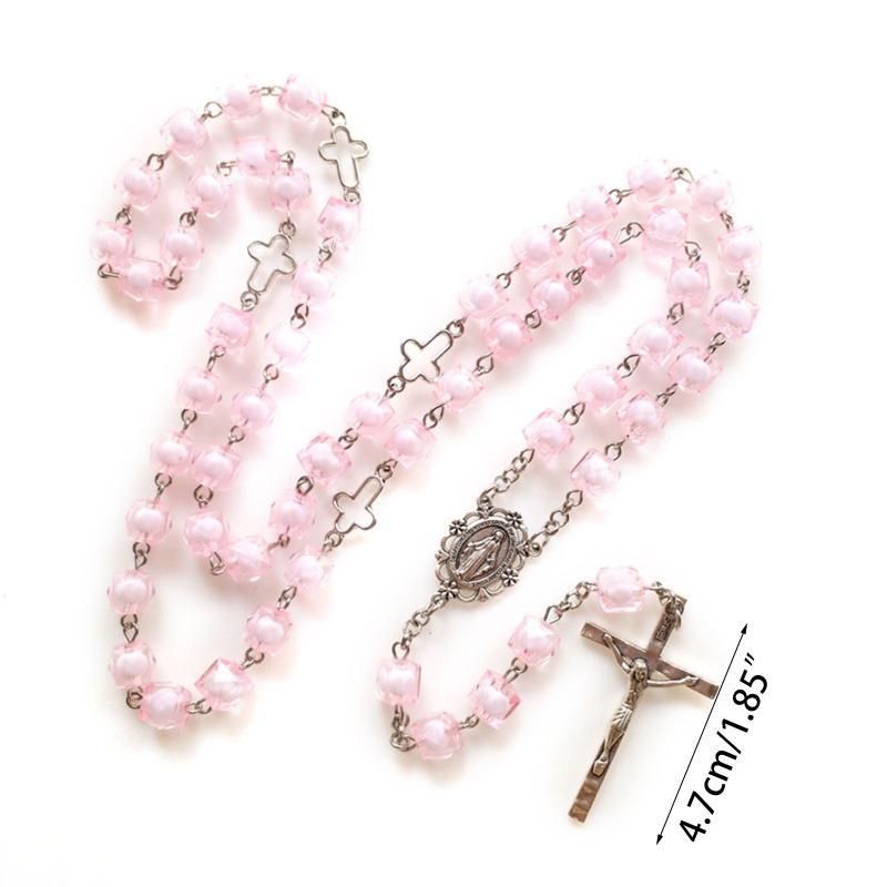 Pink Square for Cross Rosary Necklace Holy Catholic Jewelry Charm Pendant for Christian Church Home Bedroom Decoration