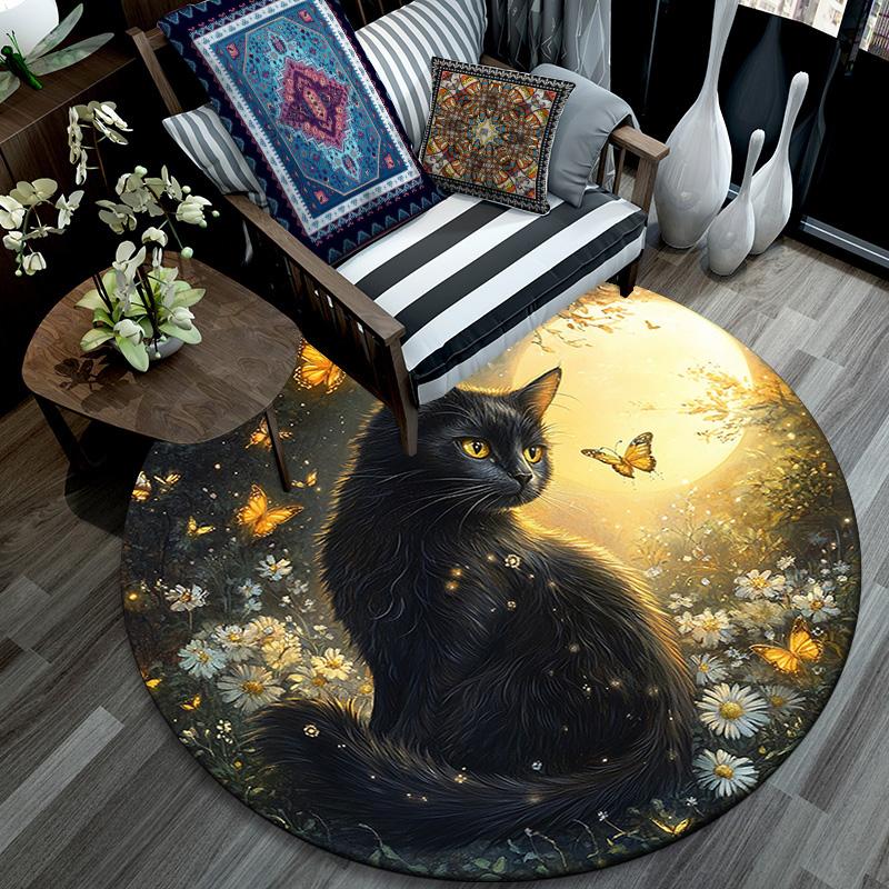 Black Cat Round Area Rug,Carpet Rug for Living Room Bedroom Sofa Playroom Decor,Non-slip Floor Mat