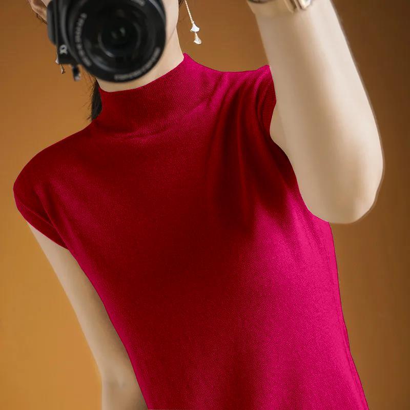 Thin Camisole Vest Women's Summer Half High Neck Short Sleeved T-shirt Women's Knitted Loose Temperament Sleeveless Top Women's Base Shirt