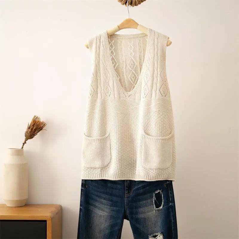 Colete Tricotado Feminino Oversize Camiseta Regata Sem Mangas Tops Soltos Colete Suéter Espessado Casual Gola Redonda Colete