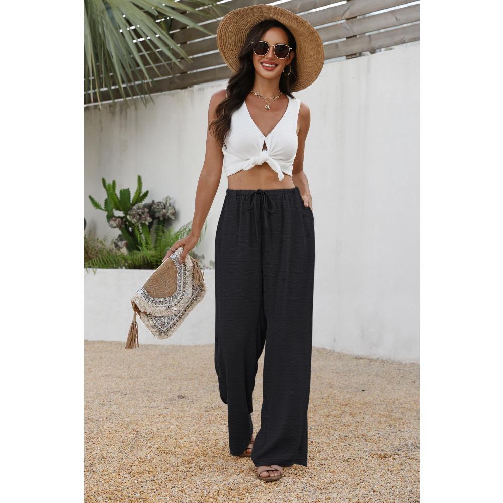 New summer casual women’s drawstring, loose-fitting, slimming, plain-coloured wide-leg trousers