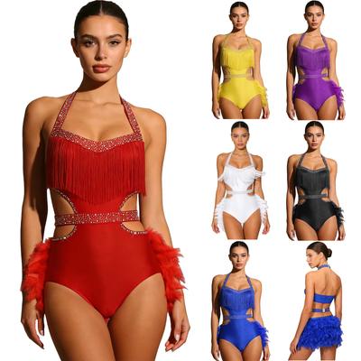 Womens Sparkle Rhinestone Dance Bodysuit Faux Feather Accents Halter Backless Sleeveless Leotard Latin Costume
