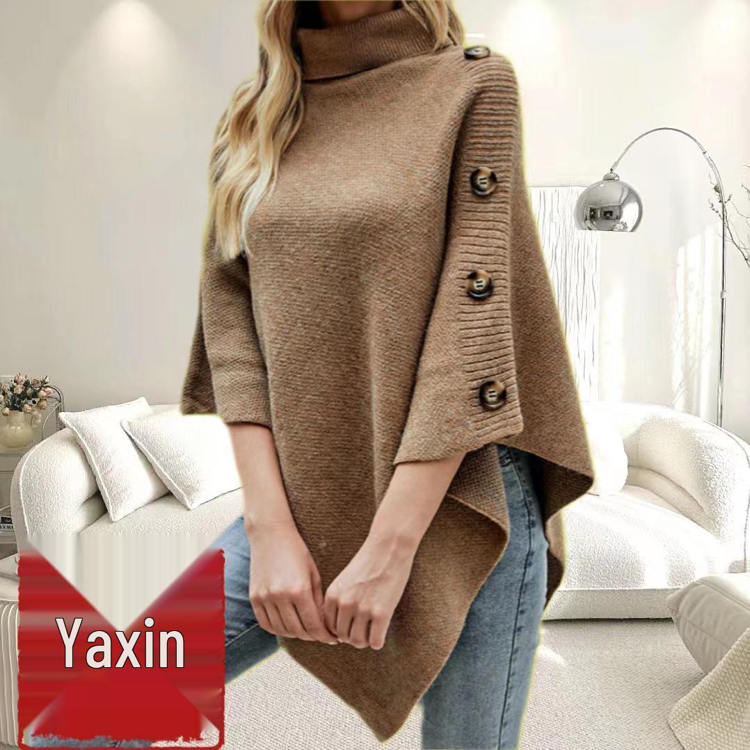 

Новый осенне-зимний свитер-пальто для женщин с высоким воротником, однотонный плащ-шаль с разрезами, вязаный трикотаж One Size (Fits 90-150 cm) хаки