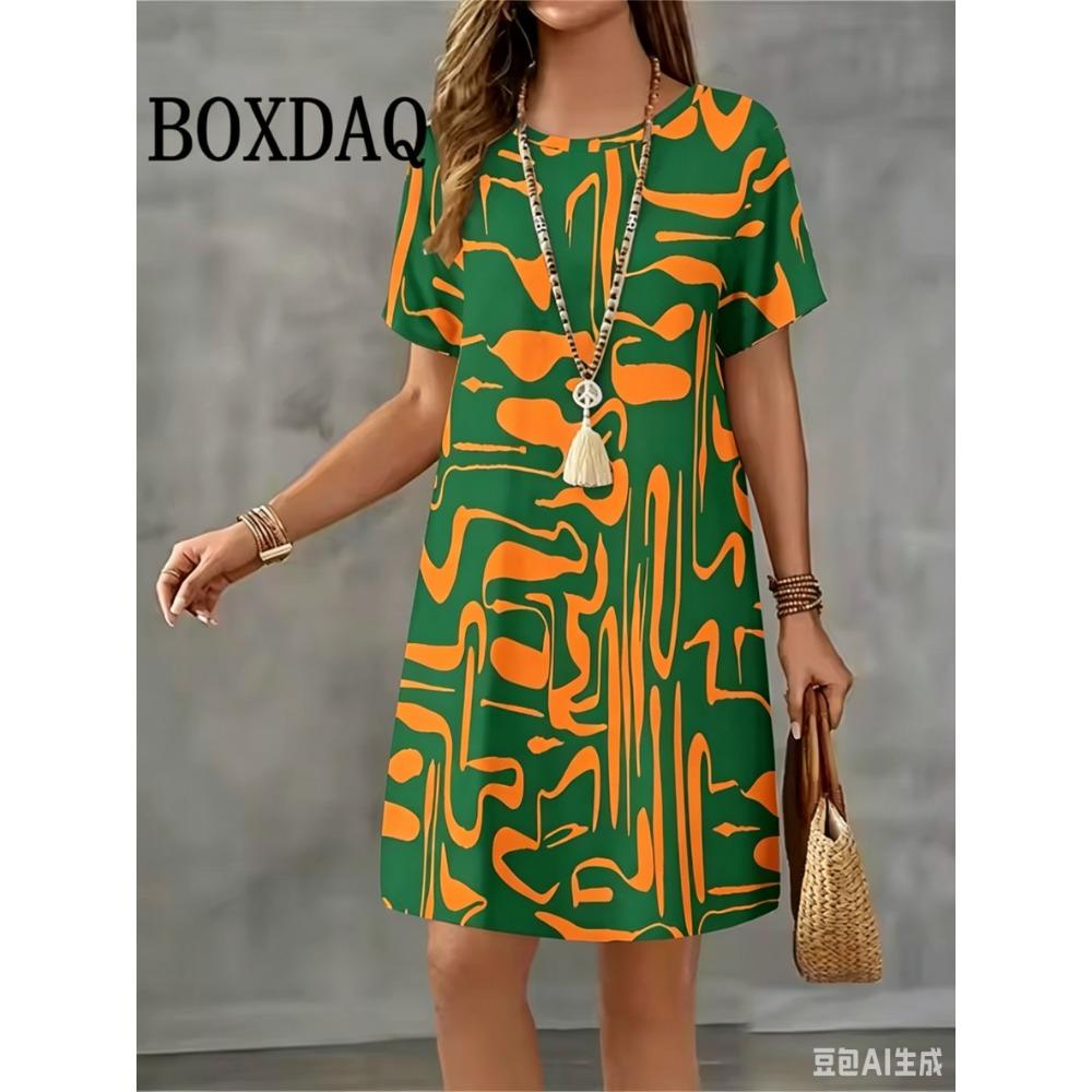 2026 Tie Dye Abstract Design Printed Round Neck Short Sleeved Loose and Fashionable Women's Summer Dress