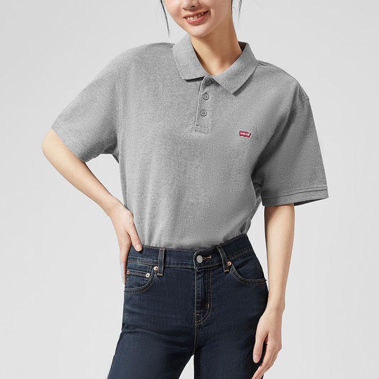 Levis Solid Button-Down Collar Short Sleeve Polo Shirt Unisex Polo Shirts Gray A0229-0002