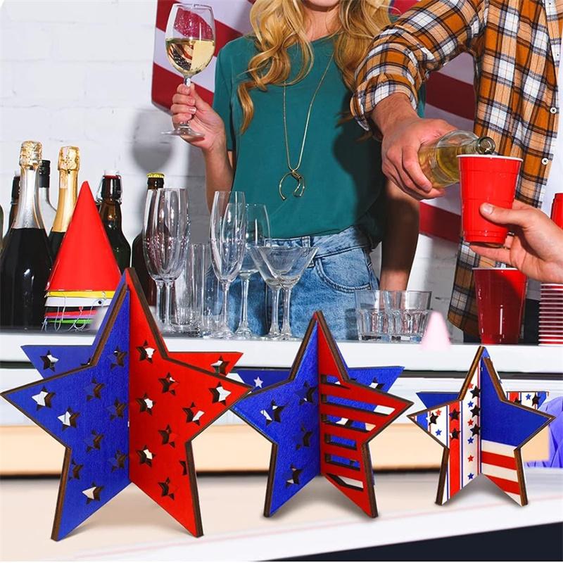 4th of July Wooden Star Ornaments Set of 6 - Patriotic Wood Table Decorations for Independence Day Party Theme