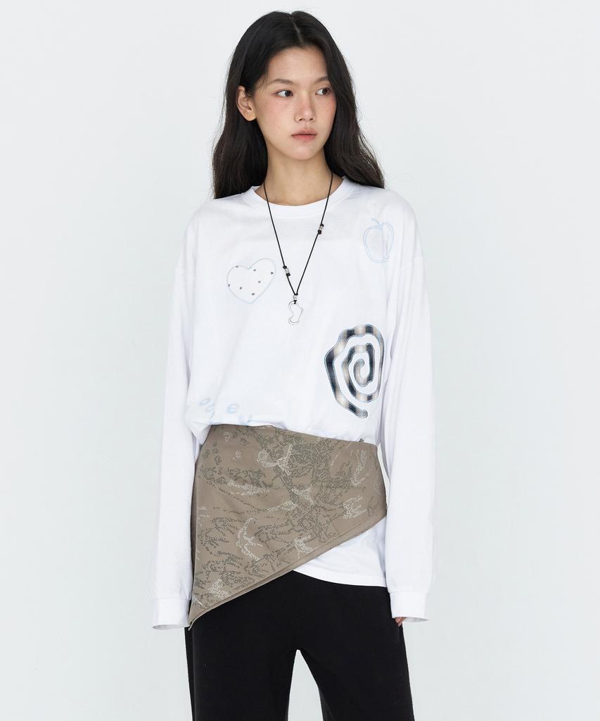 MONGDOL Patchwork Graphic Long Sleeve T-Shirt White Mdts105White