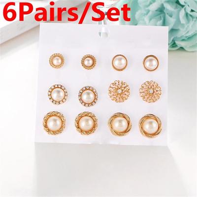 6Pairs/Set Wedding Round Hoop Jewelry Zircon Pearl Ear Stud Drop Dangle Earrings Embroidery Rose