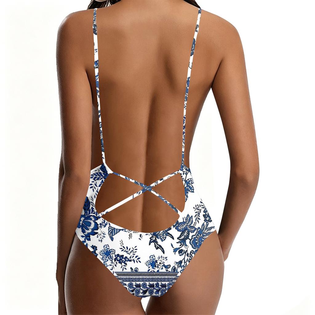 Swimsuit for Women Deep V Neck Abstract Print Adjustable Straps Backless Bathing Suit Swimwear Beachwear