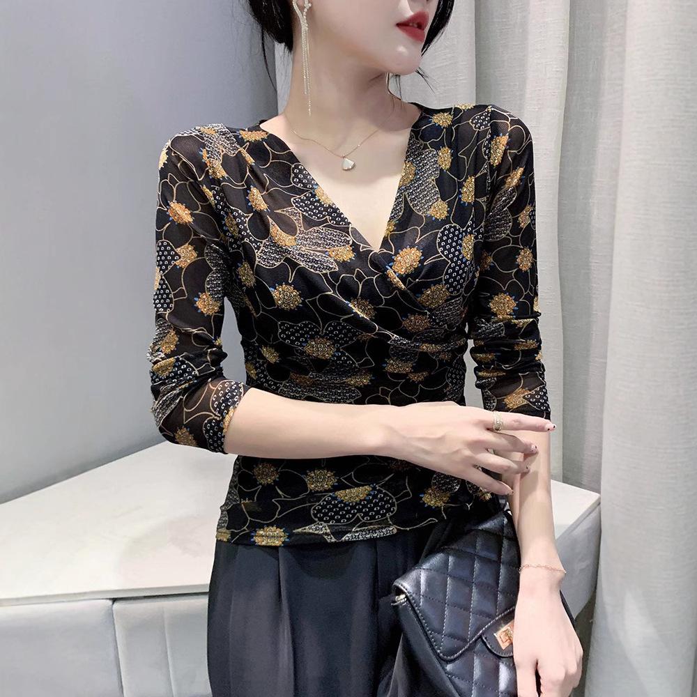 Camiseta estampada con cuello en V para mujer de manga larga, primavera, nueva, moderna, sexy, de malla, camiseta base