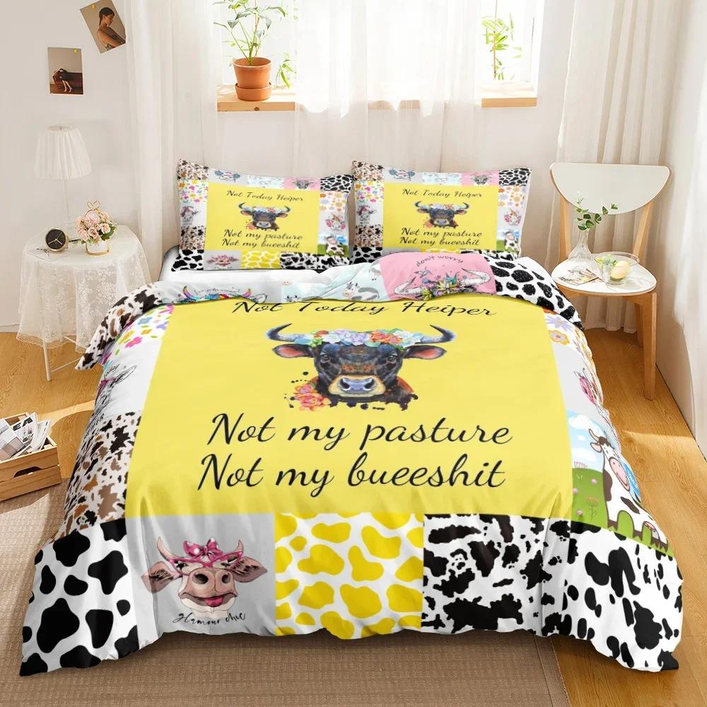 Soft Vibrant Cute Cow Print Kawaii Highland Cartoon Farm Animals Polyester Queen King Comforter