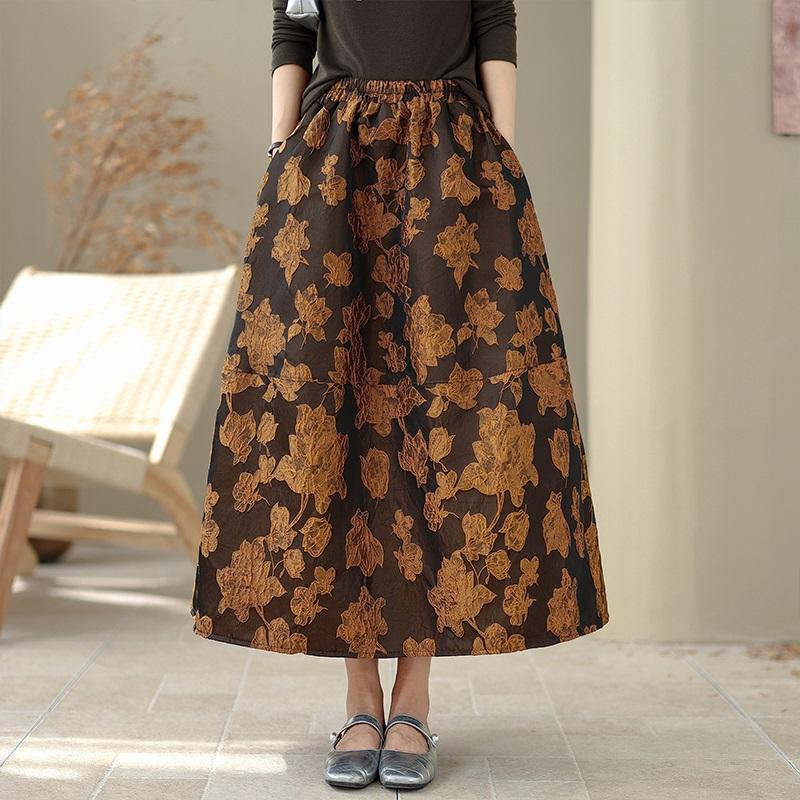 Plus Size Jacquard High Waist Vintage Floral Spring Autumn Casual Loose Long for Woman Skirts Womens Skirt