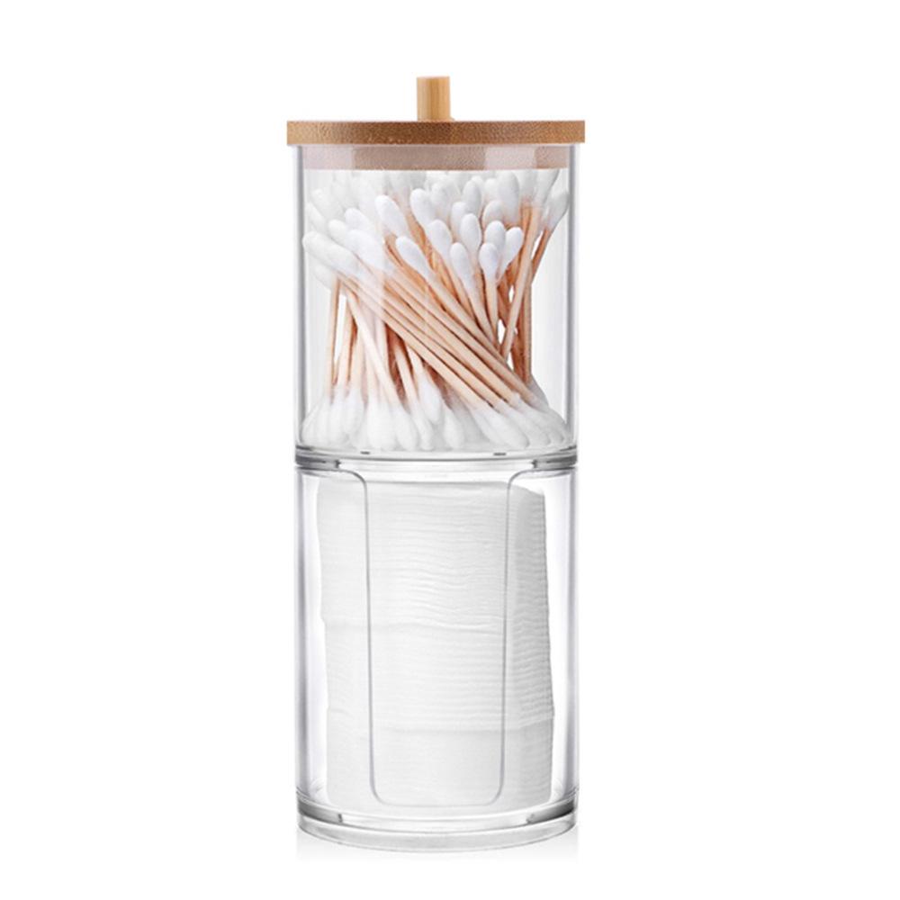 Dual Cotton Swab & Makeup Remover Storage Jar with Bamboo Lid - Transparent and Dustproof