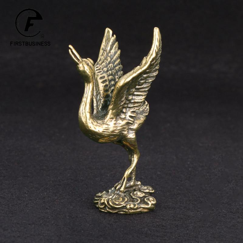 Retro Solid Brass Crane Small Statue Office Desktop Ornament Animal Figurine Mniature Tea Pet Children Toy Gifts Home Decoration