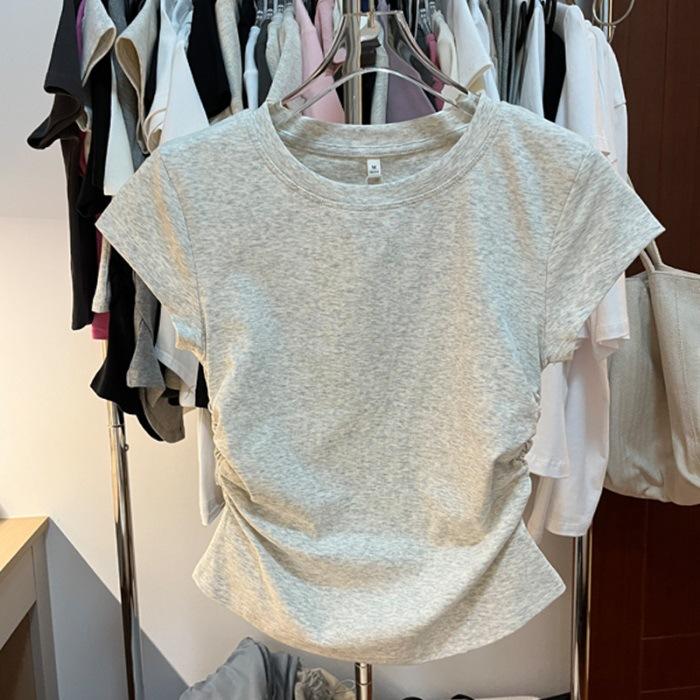 

Pleated short-sleeved T-shirt women s summer new pure desire spice girl short t-shirt fashion irregular slim slim top XL світло-сірого кольору