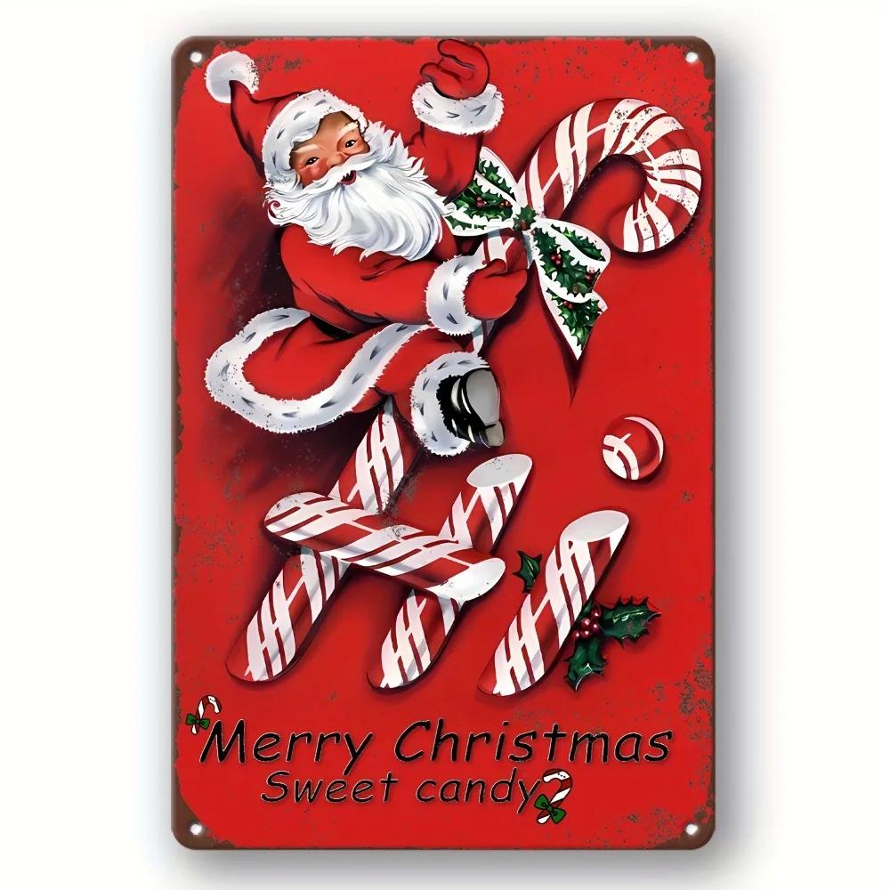 X Vintage Christmas Candy Tin Sign Retro Aluminum Art with Santa Gingerbread Kitchen Home Decor
