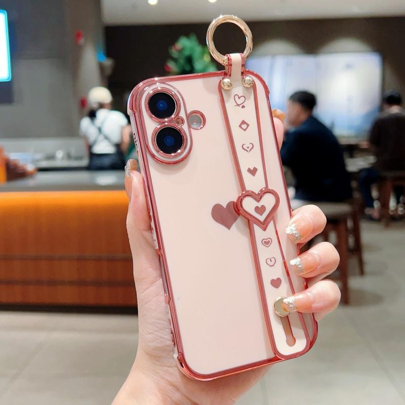 

For iPhone 16 Plus Case Wristband Kickstand Love Heart TPU Phone Cover Finger Holder Pink
