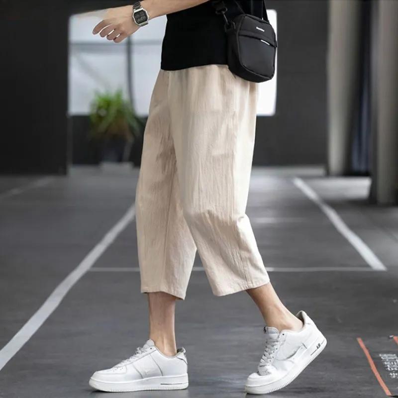 Men's Summer Cotton and Linen 7-point Pants  Loose Thin Straight Shorts Plus Size Linen Beach Pants