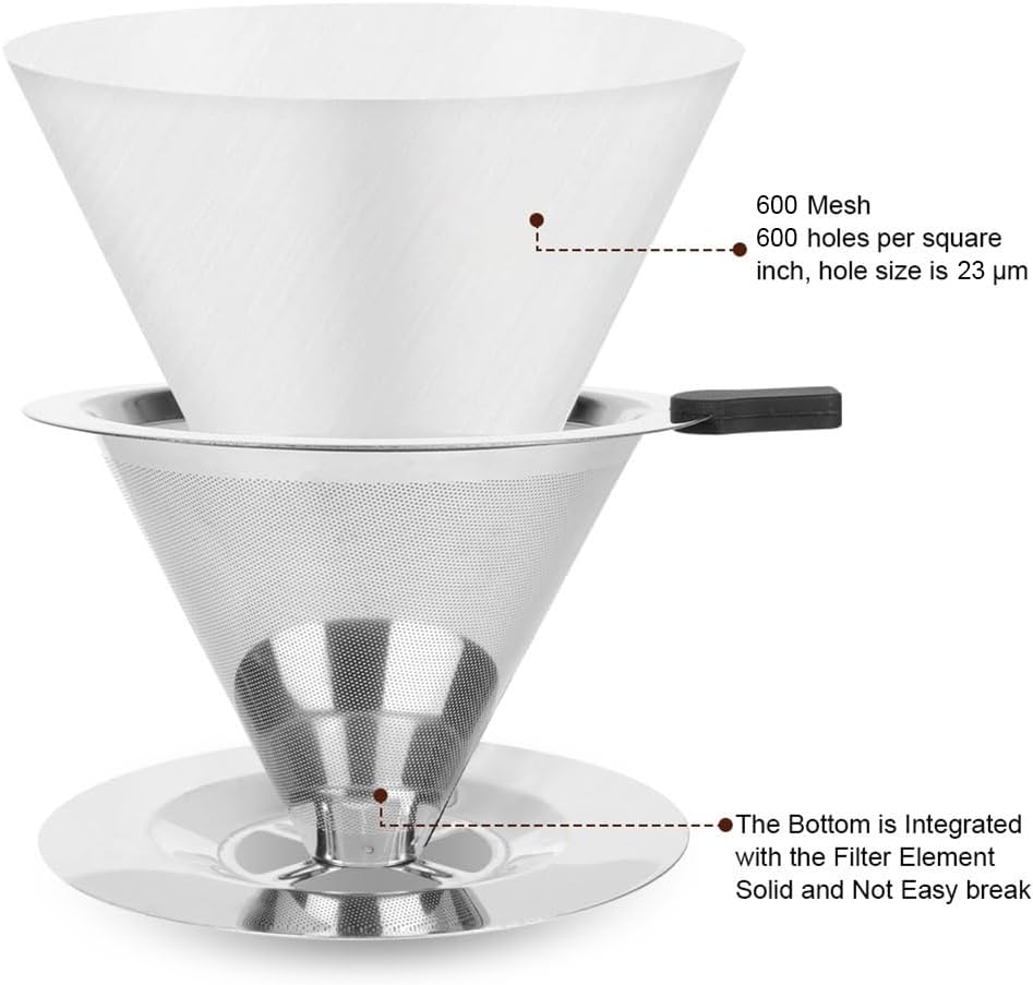 AIKARO Stainless Steel Pour Over Coffee Dripper - Reusable, Paperless Permanent Drip Cone Filter