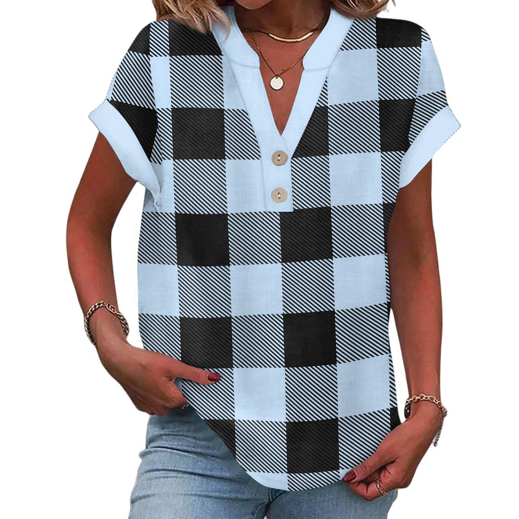 Women's Casual Fashion V-Neck Button Plaid Printed Short Sleeve Top