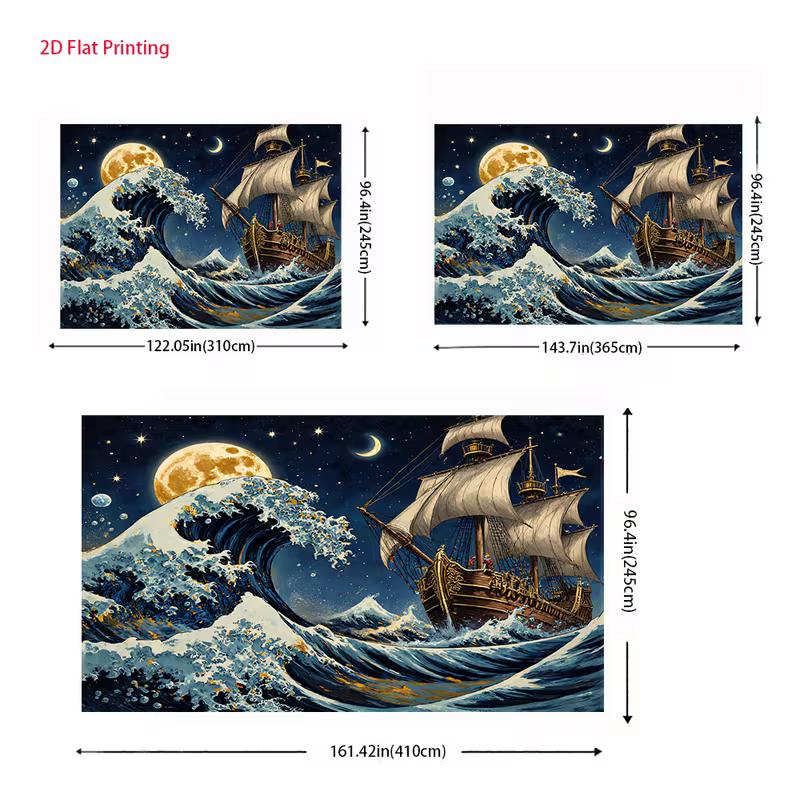 2D Starry Night Pirate Ship Backdrop Big Ocean Waves & Moonlight Background for Studio