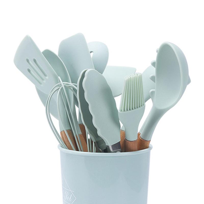 Wooden Handle Silicone Kitchen Utensils Non Stick Cooking Spoon Spatula Brush Scraper Clip Set