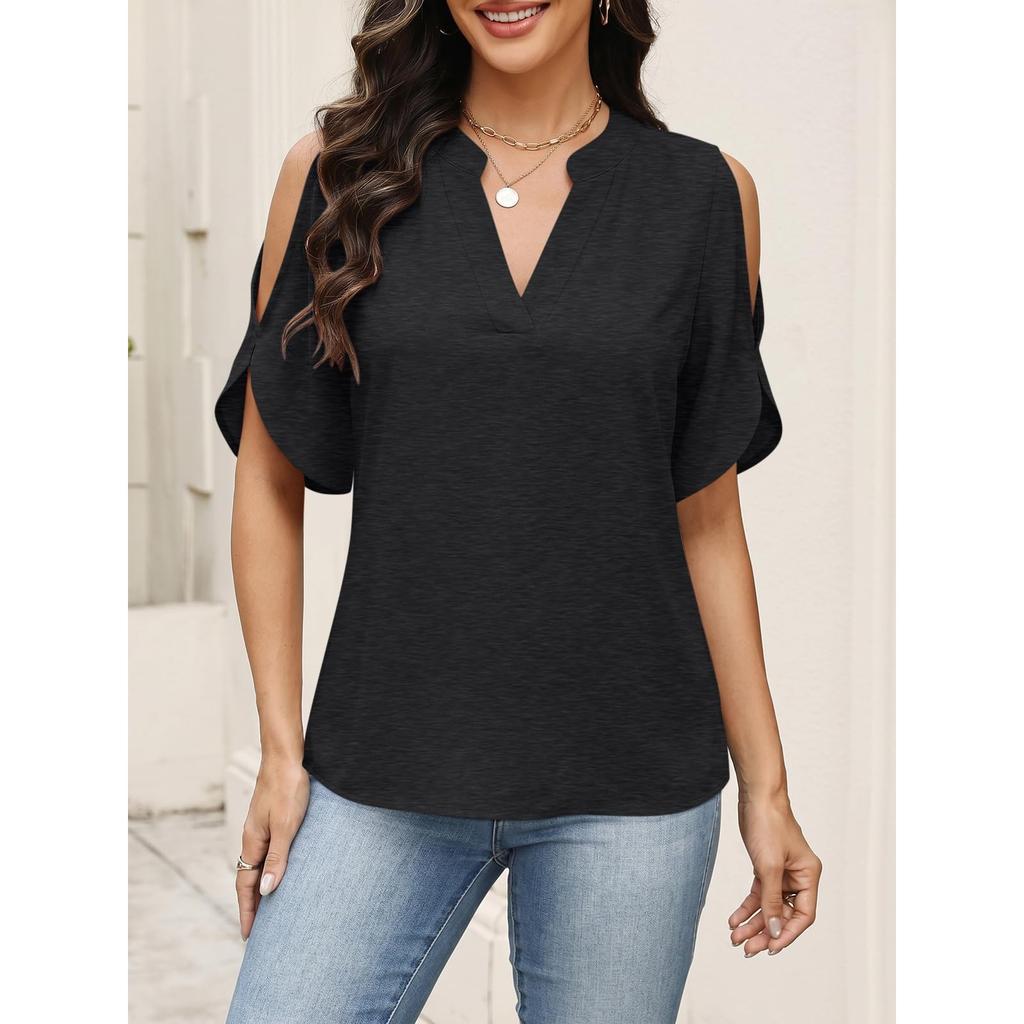 Womens Cold Shoulder V Neck T Shirt Short Sleeve Casual Loose Fit Top Summer Lightweight Blouse