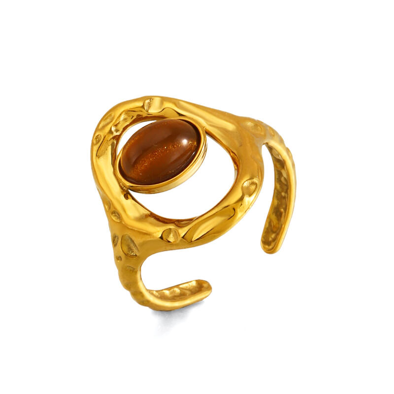 Vintage Stainless Steel Brown Stone Rings for Women Gold Color Geometric Metal Irregular Texture Open Rings Aesthetic Jewelry