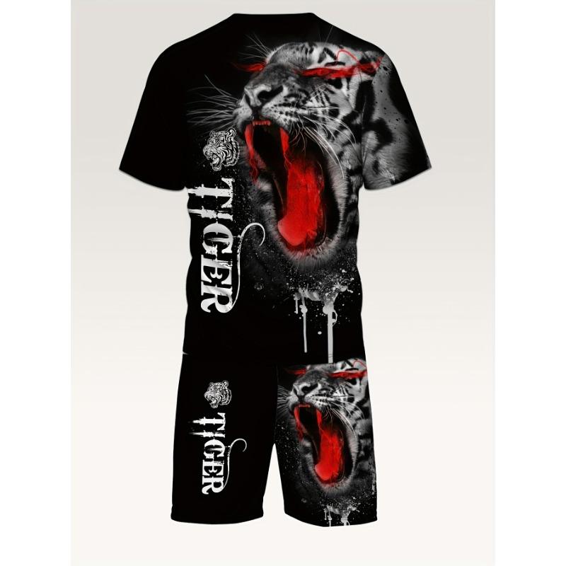 

2026 Summer Men s Suit Round Neck Short Sleeve Shorts 3D Tiger Pattern Casual T-shirt Set 5XL