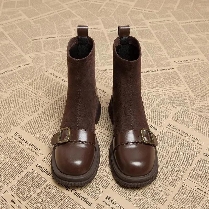 Winter 2024 Neue Damen Stiefeletten Mode Runde Zehenpartie Damen Baumwolle Kurze Stiefeletten Elegant Quadratischer Flacher Absatz Damen Schuhe