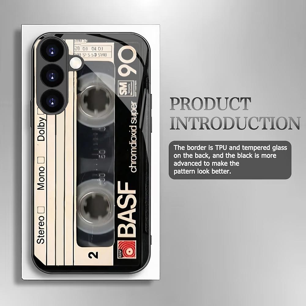 Retro-Kassetten-Hartglas-Handyhülle geeignet für Samsung Galaxy S26 S25 S24 S23 S22 S20 FE/Ultra/Plus stoßfeste Rückseite