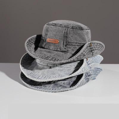 Vintage gewaschener Denim Fischerhut Damen Herren Unisex Breiter Rand Sonnenhut für Outdoor Wandern Strand Western Stil (Hellblau) Sonnenschirm