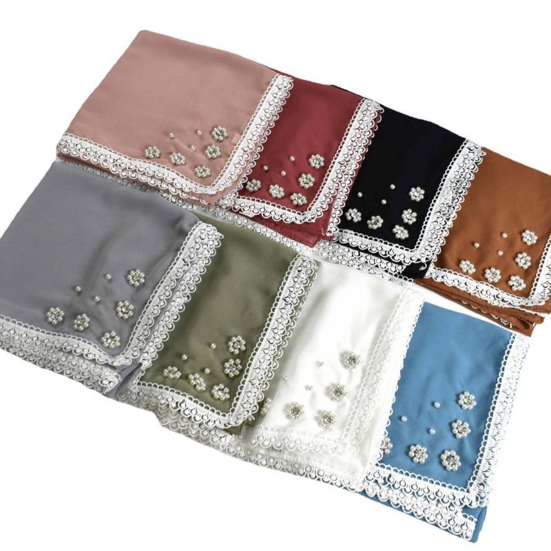 Monochrome Pearl Chiffon Square Scarf With Small Flower For Women