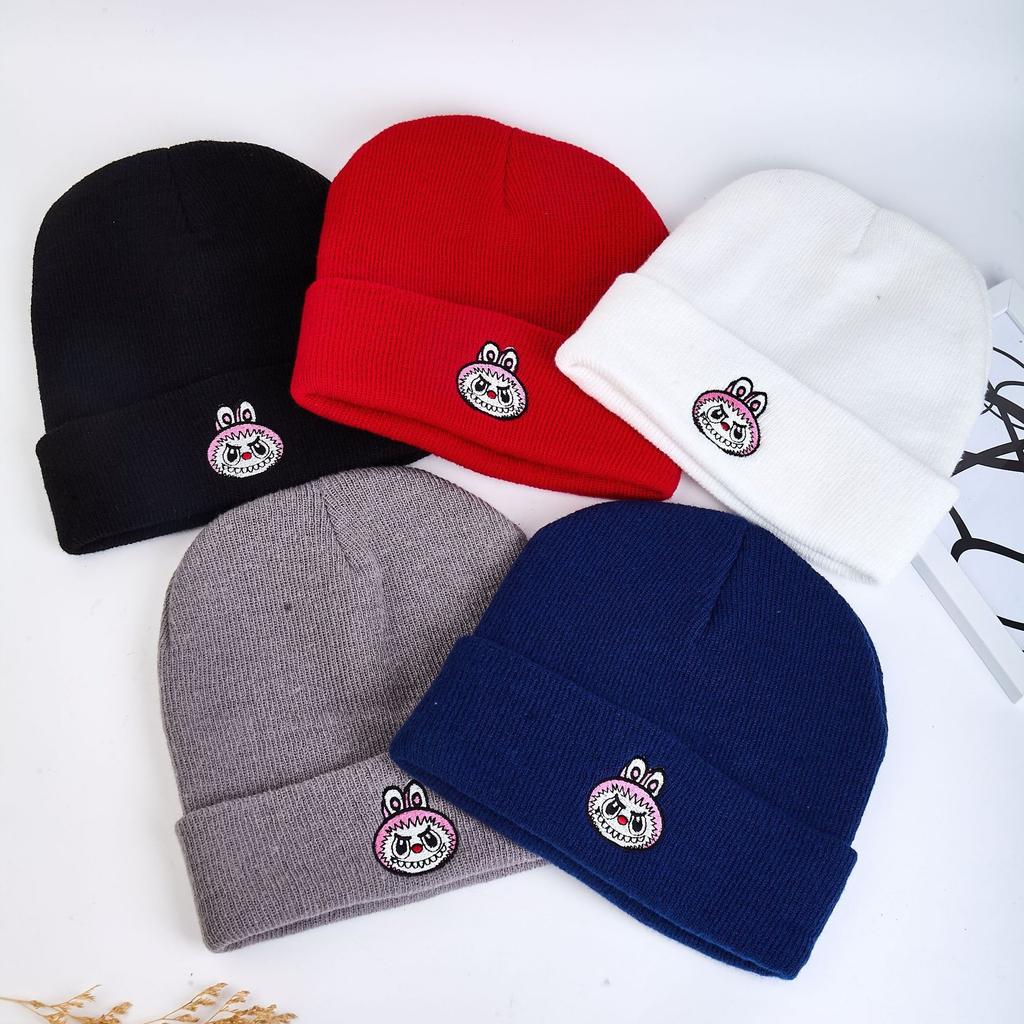Warm Spandex/Polyester Knitted Beanie Cartoon Embroidery Autumn/Winter Unisex Adjustable Playful Trendy Black Blue Students Made