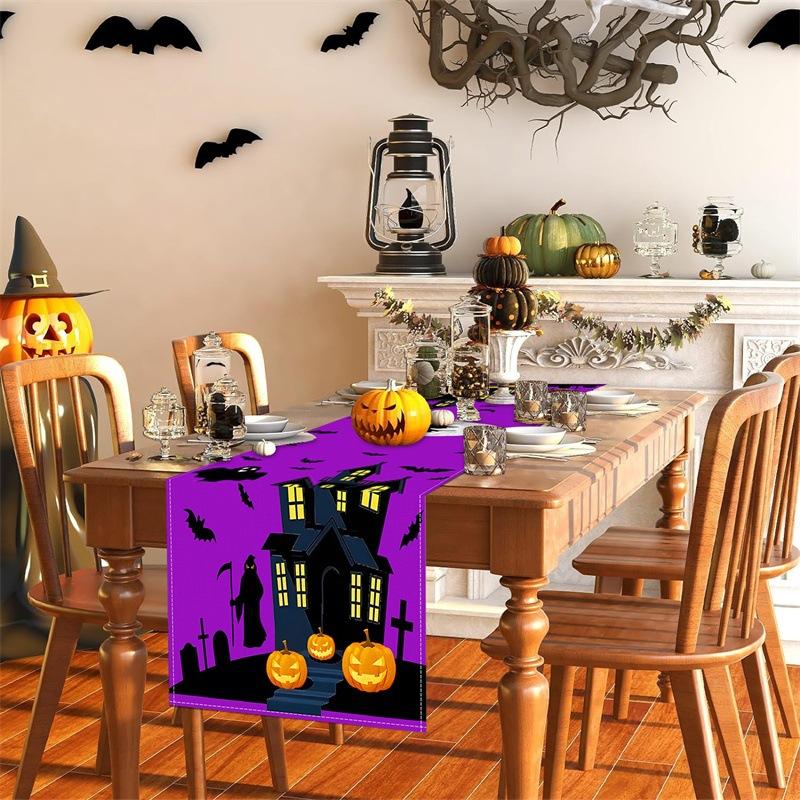1pc Purple Halloween Table Runner with Castle Ghost Pattern Dustproof Durable Tablecloth for Halloween Dining Room Decoration