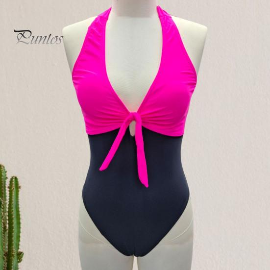 Women Sexy Summer Monokini Halter Deep V-Neck One-piece Swimsuit Patchwork Color Bowknot Decor High Waist Backless Beachwear