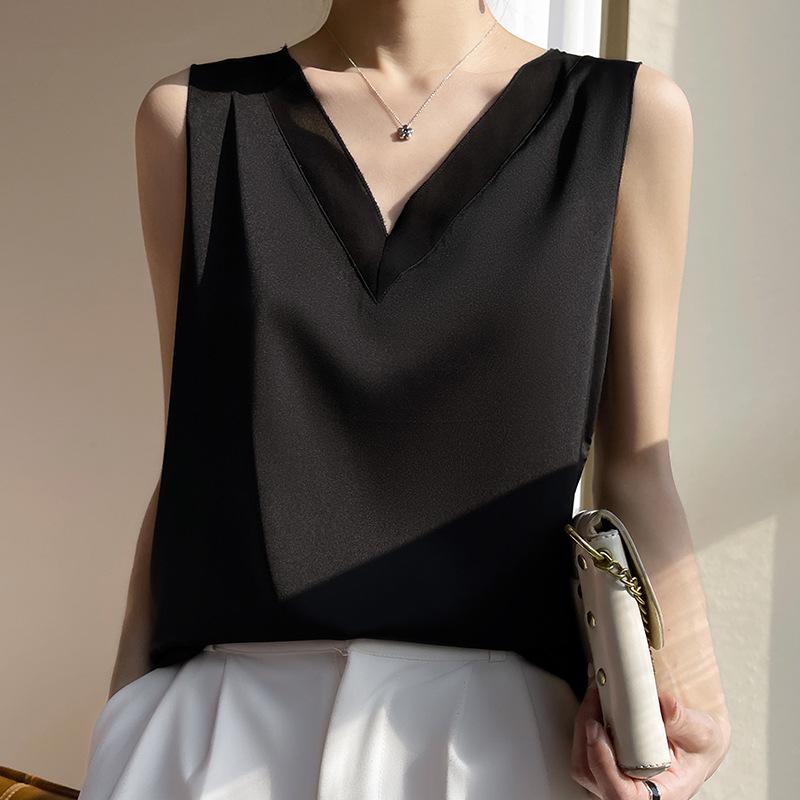 Women s V-Neck Mulberry Silk Camisole with Mesh Acetate Satin Trim XL