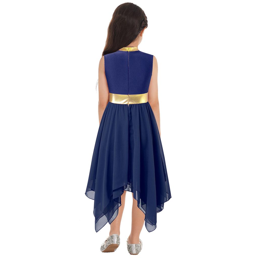 Girls Metallic Patchwork Sleeveless Asymmetrical Hem Praise Dancing Dress Modern Lyrical Dance Costume
