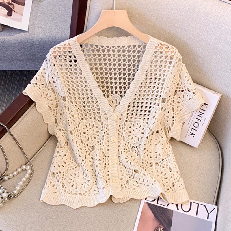 Women's French V-Neck Crochet Knit Cardigan - Chic Summer Fashion, Slimming Loose Fit, Versatile Top
