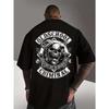 T-Shirt | Vintage Lässiges Herren-T-Shirt, Streetwear Mikro-Stretch-Stoff Verspieltes Design | Krimineller Totenkopf mit Hörnern Und Banner Design Geeignet