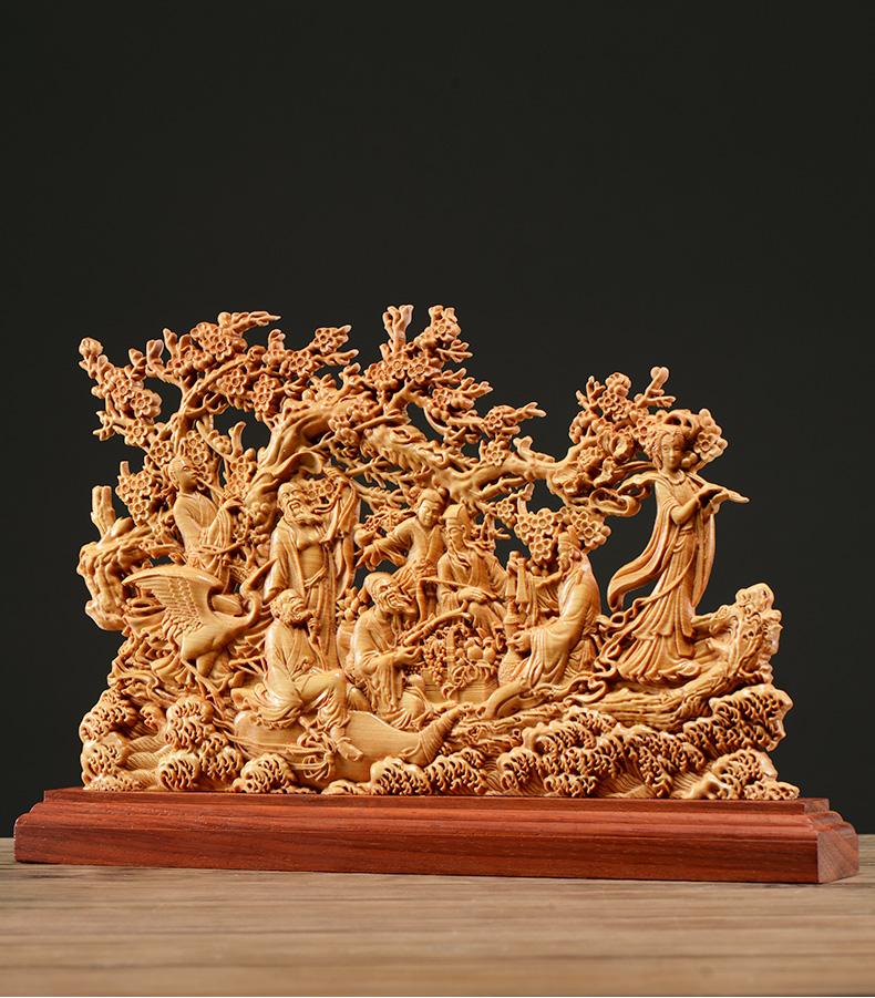 Thuja Wood  Carving Eight Immortals Sculpture Decor Dish Wood God of Wealth Lucky Gift Home Decor