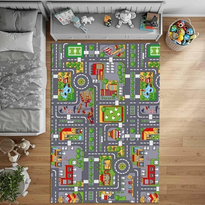 Car Play Mat for Boys and Girls Highway City Traffic-Themed Rugs for Kids Toy Cars Kids Rugs for Playroom Non-Slip Kids Play Rug